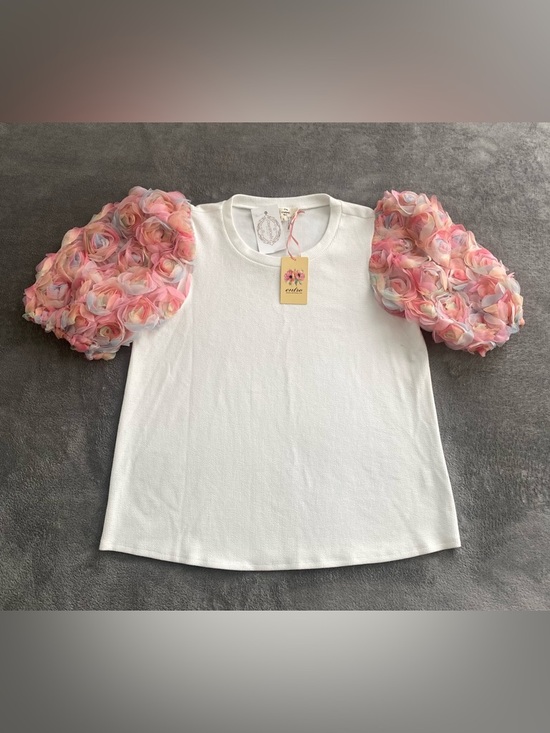 entro Tops - Entro White Textured Top Pink Floral Puff Sleeves Size L NWT